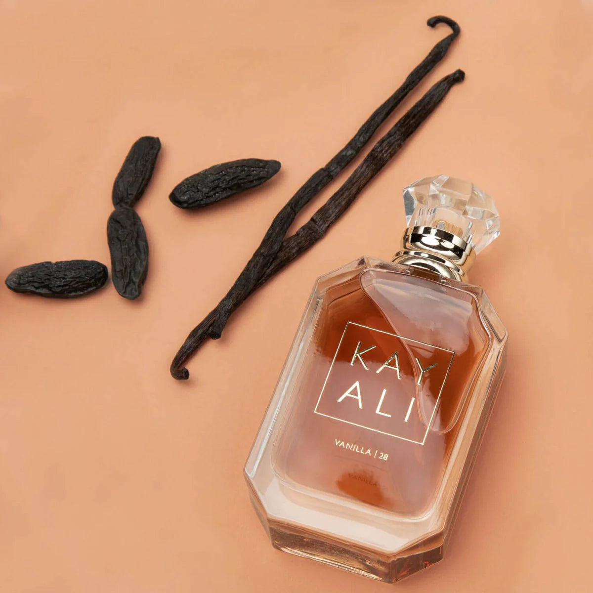 Kayali Vanilla 28 Eau de Parfum bottle, 100ml, with clear glass design and vanilla fragrance label.