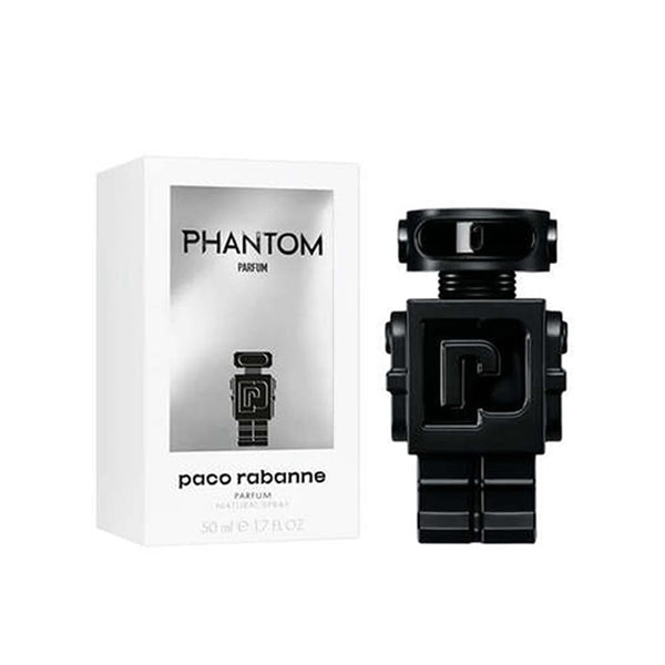 Rabanne Phantom Parfum 100ML bottle with sleek design and silver accents, displayed on a neutral background.