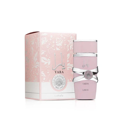Lattafa Yara 100 ML perfume bottle, elegant design with a sleek, modern appearance, set against a neutral background.