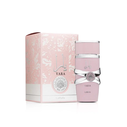 Lattafa Yara 100 ML perfume bottle, elegant design with a sleek, modern appearance, set against a neutral background.