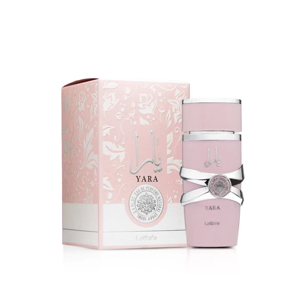 Lattafa Yara 100 ML perfume bottle, elegant design with a sleek, modern appearance, set against a neutral background.