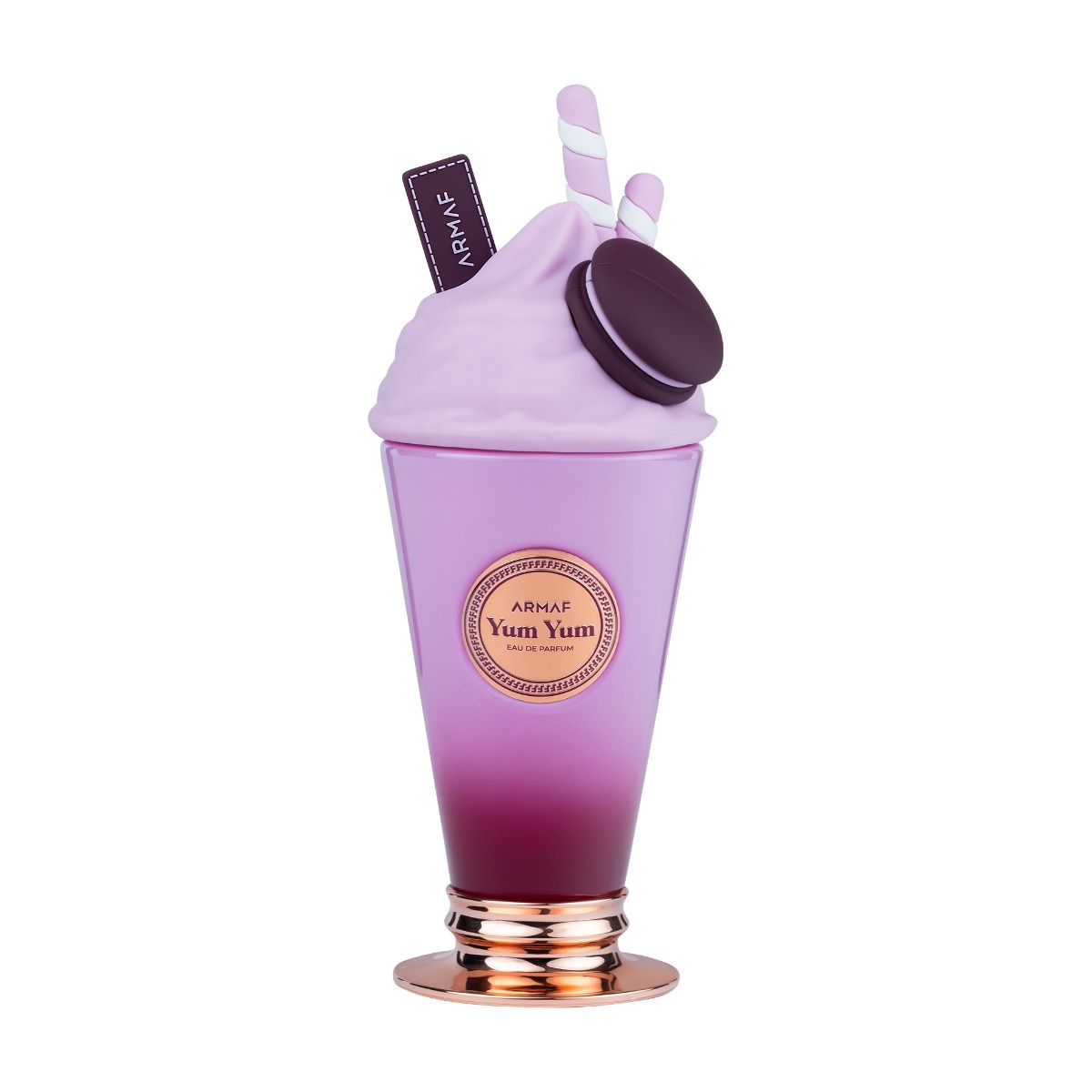 Armaf Yum Yum perfume bottle front view, 100ML, featuring a sleek design with a clear glass container and a stylish cap.