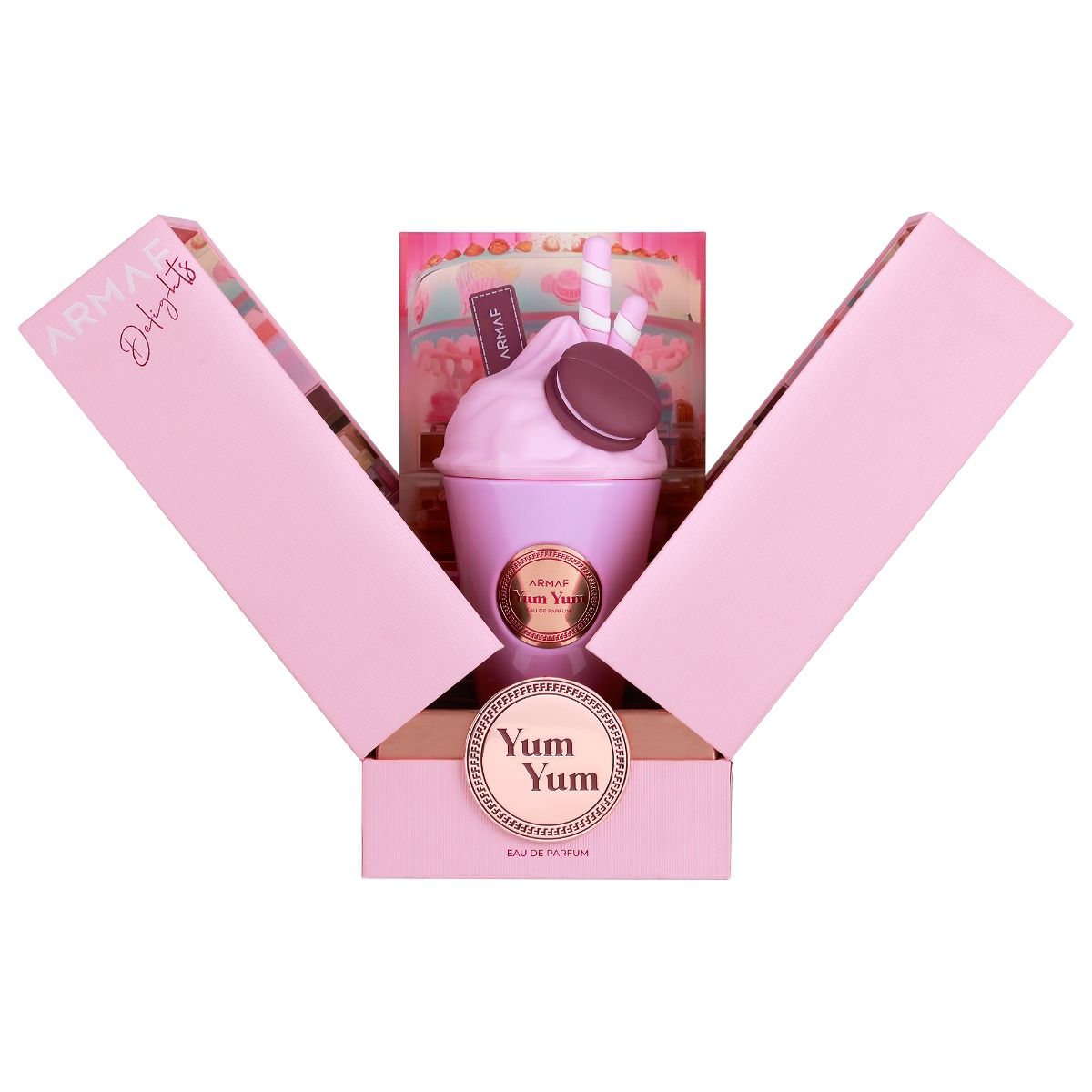 Open front view of Armaf Yum Yum 100ML perfume bottle showcasing its elegant design.